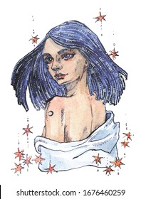The girl looks over her shoulder  Blue hair  Stars  Watercolor  White background