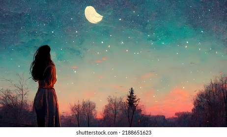 Girl in love looking in the distance  Anime  manga style painting  drawing  Red sunset  sunrise  Romantic sad  lofi feeling  Beautiful scenery  4k moody wallpaper  Moon clouds   stars 