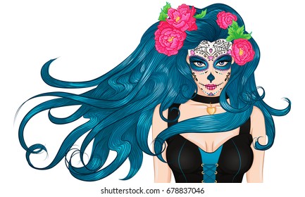 Girl with makeup Mexican Sugar Skull and flowers in long hair.The character for the Mexican Day of the Dead Dia de los Muertos or Halloween. Illustration isolated on white background
