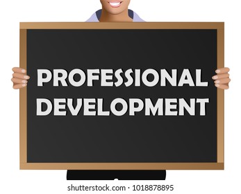 Girl (manager, student, businesswoman) in casual clothes holding a black chalk board with the text Professional development - Powered by Shutterstock