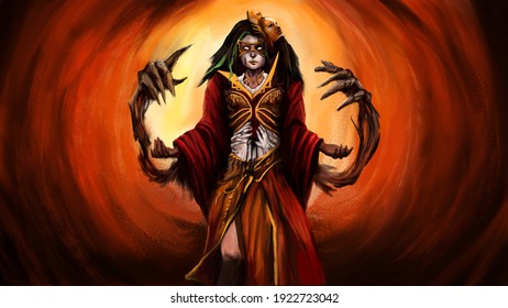 A Girl In A Mask Stands With Her Arms Spread Apart. She Is Wearing A Mask And A Red Dress With Gold Patterns. Hands On The Stomach. Next To It, She Created Magic Hands. She Is A Witch. 2D Illustration