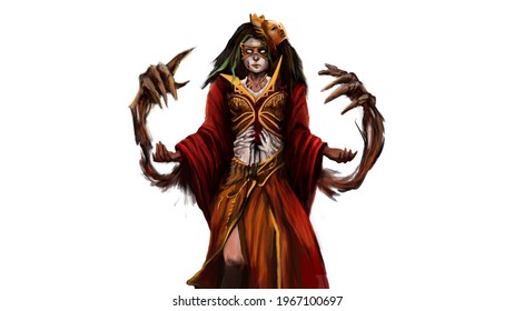 A Girl In A Mask Stands With Her Arms Spread Apart. She Is Wearing A Mask And A Red Dress With Gold Patterns. Hands On The Stomach. Next To It, She Created Magic Hands. She Is A Witch. 2D Illustration