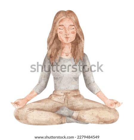 Girl meditating, doing yoga. Watercolor hand-drawn illustration of woman in lotus position. Yoga asana