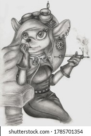 girl mouse sitting and dreaming pencil drawing