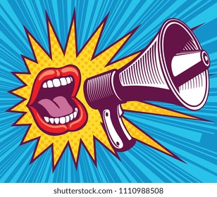 Girl mouth with megaphone. illustration in pop art style. Mouth and megaphone speech, female screaming announce illustration