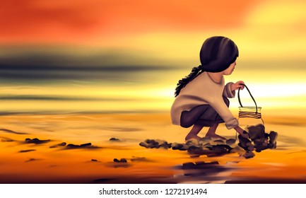 Kids Collecting Shells Stock Illustrations Images Vectors