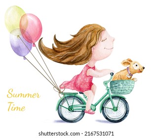 A girl on a bicycle. A bicycle with a basket with a pet and balloons. Colorful watercolor illustration. Cute summer greeting card. Isolated image on a white background.