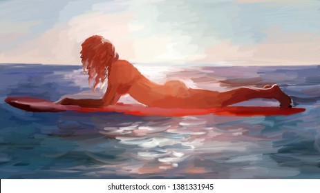 girl on a surfboard lying at sunset in the sea - Powered by Shutterstock