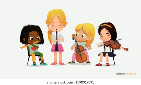 Girl Orchestra Play Different Music Instrument School Jazz Band. Yong Funny Star. Classroom Teenage Education. Acoustic Stereo Sound. Violin Cultural Concert Flat Cartoon  Illustration