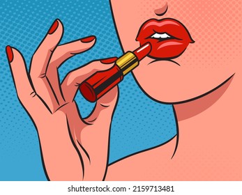 Girl Paints Her Lips With Red Lipstick Doing Makeup Pop Art Retro Raster Illustration. Comic Book Style Imitation.