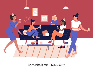 Girl party at home illustration. Discotheque, hen-party, soiree, holiday celebration, evening with friends. Female party visitors with wine glasses, women resting together flat characters - Powered by Shutterstock