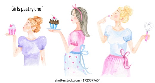 Girl Pastry Chef, Baker, Watercolor