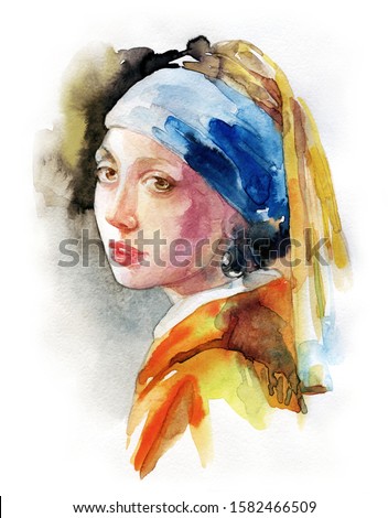 Girl with a Pearl Earring. illustration. watercolor painting
