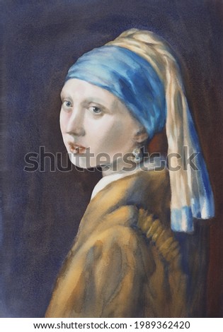 A girl with a pearl earring watercolor copy. Portrait illustration