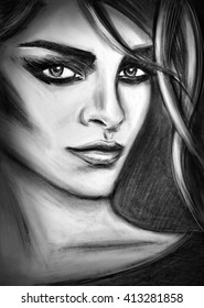 The girl pencil drawing. A charcoal drawing. Black-and-white portrait of a girl. Fashion. Beautiful portrait of a girl.