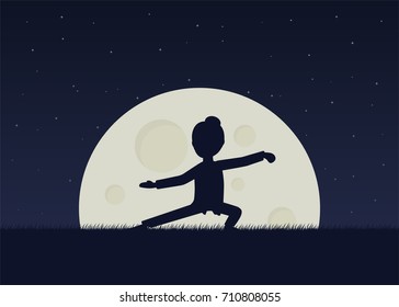 Girl performing qigong or taijiquan exercises in the evening. Woman practicing Tai Chi. Ancient chinese healthcare practice. Flat style. Raster version.