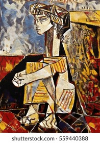 Girl Picasso. Improvisation artist, alternative reproduction of a world famous masterpiece in the style of cubism. Oil on canvas in combination with pastels. Suitable for interior or gift.