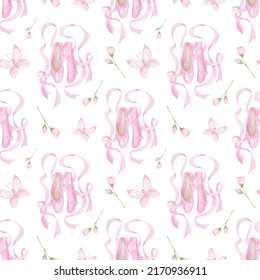 Girl Pink Dance Pointes Background. Ballet Shoes Girl Seamless Pattern. Ballet Wallpaper.