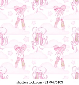 Girl Pink Dance Pointes Background. Ballet Shoes Girl Seamless Pattern. Dance Wallpaper.