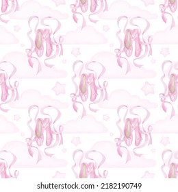 Girl Pink Dance Pointes Background. Ballet Shoes Girl Seamless Pattern. Dance Dream Wallpaper.