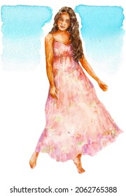 Girl in pink dress isolated on white watercolor. Young woman in pink hand drawn. Girl with brown hair dance in dress watercolor illustration. Dance woman on beach 