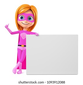 A girl in a pink superhero costume on a white background leaned against an empty board. 3d render illustration. - Powered by Shutterstock