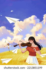 Girl Playing Guitar Anime Digital Art Illustration Painting Wallpaper