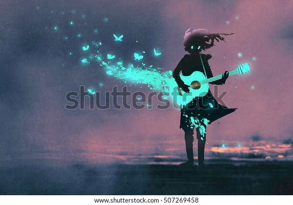 青い光と輝く蝶でギターを弾く女の子 イラトスペイント のイラスト素材