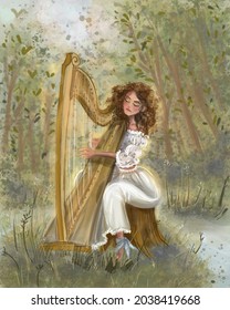 Girl Playing Harp Forest Stock Illustration 2038419668 