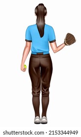 A Girl Playing Softball In A Blue T-shirt. Baseball Player. Back.