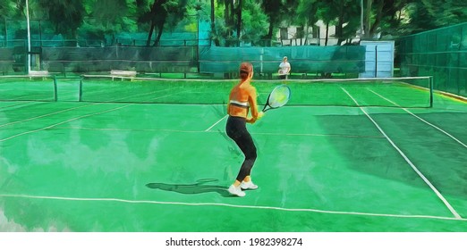 The girl plays tennis on the court. Artistic work on the theme of sports and recreation - Powered by Shutterstock