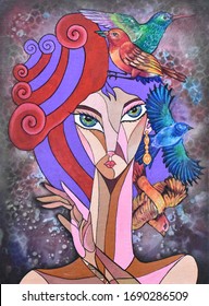 Girl Portrait Cubism Face, Fantasy Design.