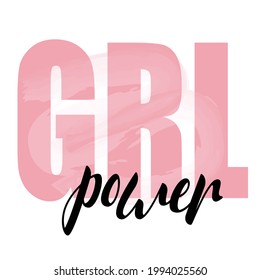 Girl Power Inscription Handwritten With Pink Glam Font. Grl Power Hand Lettering Illustration For T-shirt, Sweatshirt Or Other Print. Feminist Quote, Phrase And Slogan.