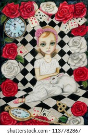girl  rabbit  roses  playing cards  Alice in Wonderland