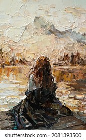 The girl in the rays of the setting sun. The woman is sitting on the shore of the lake. Oil painting on canvas.
