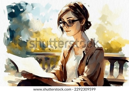 Girl reading a book in the park on a bench, a watercolor painting on textured paper. Digital watercolor painting
