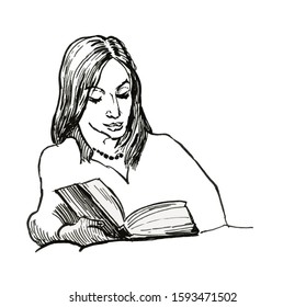 Girl Reading Interesting Book Ink Drawing Stock Illustration 1593471502 ...