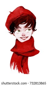 Girl in a red beret and in a scarf. Watercolor illustration.