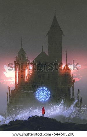girl in the red coat standing on rocks with ocean waves looking at the magic castle with digital art style, illustration painting