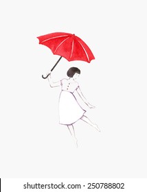 赤い傘を持つ女の子 女の子と傘の水彩イラスト 誕生日の背景 美しい母の日のグリーティングカード 女の子と手描きの水彩グリーティングカード のイラスト素材 Shutterstock