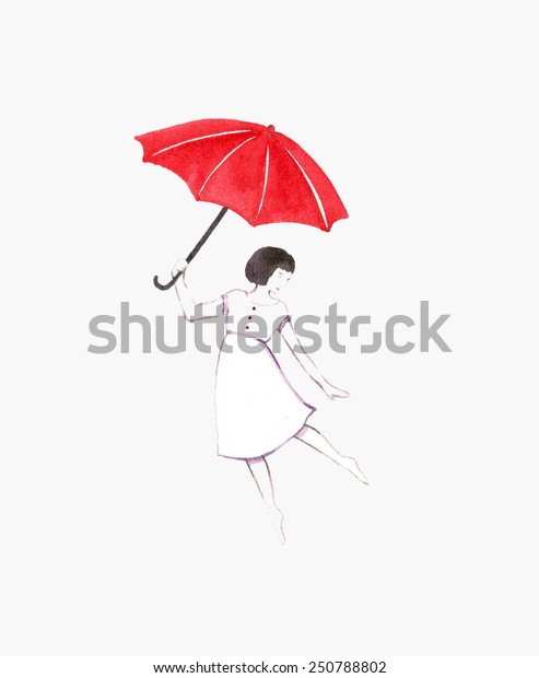 赤い傘を持つ女の子 女の子と傘の水彩イラスト 誕生日の背景 美しい母の日のグリーティングカード 女の子と手描きの水彩グリーティングカード のイラスト素材