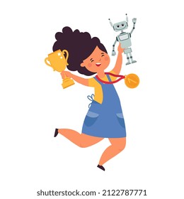 Girl And Robot. Robotics Competition Winner, Award For Programming Child. Happy Engineering Student Wins Gold Cup Decent Illustration