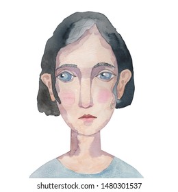 Girl With A Sad Look Watercolor Illustration