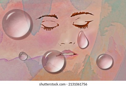 A Girl Is Seen Crying With Tear Drops Gathering In This 3-d Illustration.