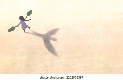 A Girl With Shadow Of Bird. Concept Art Of Freedom, Child Dream, Kid Hope, Imagination And Feminism. Conceptual Surreal Artwork. Painting 3d Illustration.