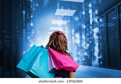 Girl With Shopping Bags Looking At Falling Matrix In Data Center