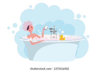 Girl Shower Cap Taking Bath Full Stock Illustration 1372516502 ...