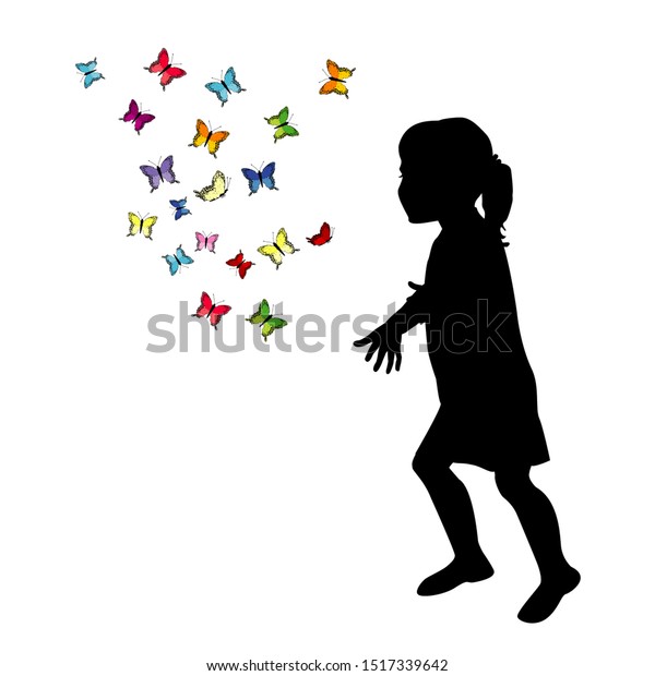 Girl Silhouette Playing Colored Butterflies Stock Illustration ...