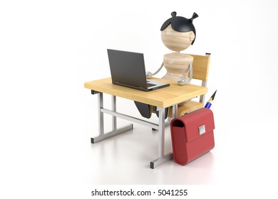 A Girl Sits At The Computer. 3d Model