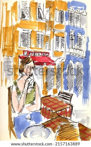 The girl is sitting in a cafe on the street in the tourist center of the old city. Sketch with watercolor markers.